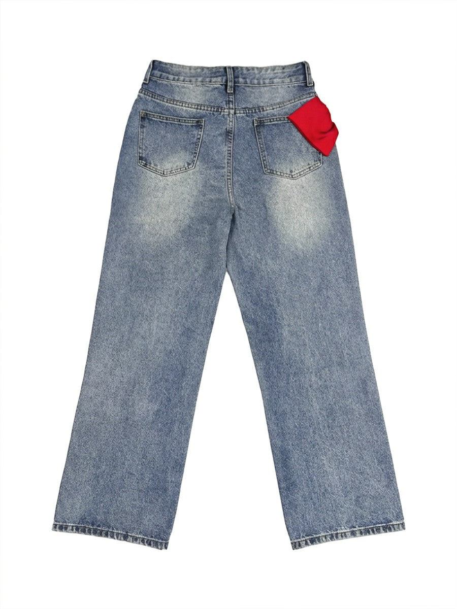 Wide Leg Bow-Embellished Contrast Color Jean Pants Bottoms