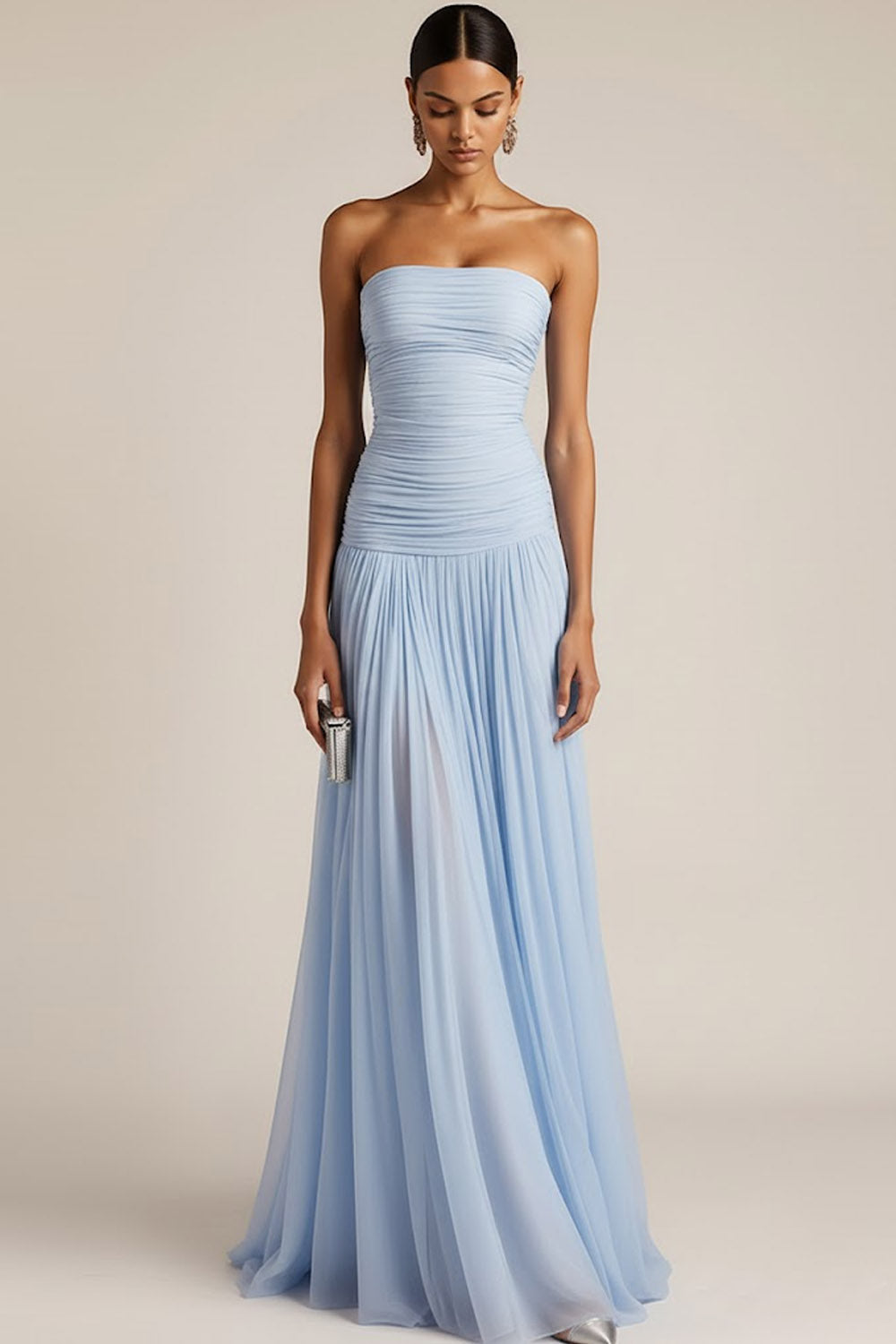 Light Blue Formal Wedding Bridesmaid Dress Strapless Chiffon Maxi Dress