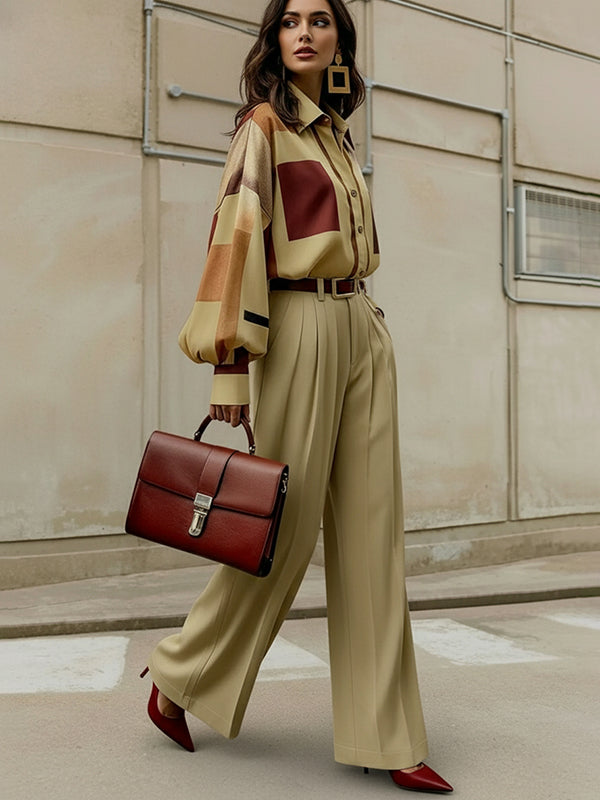 Long Sleeves Loose Buttoned Contrast Color Plaid Lapel Blouses&Shirts Tops
