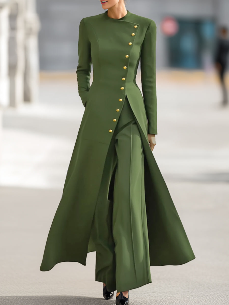 High Waisted Long Sleeves Buttoned Solid Color Split-Front Round-Neck Midi Dresses