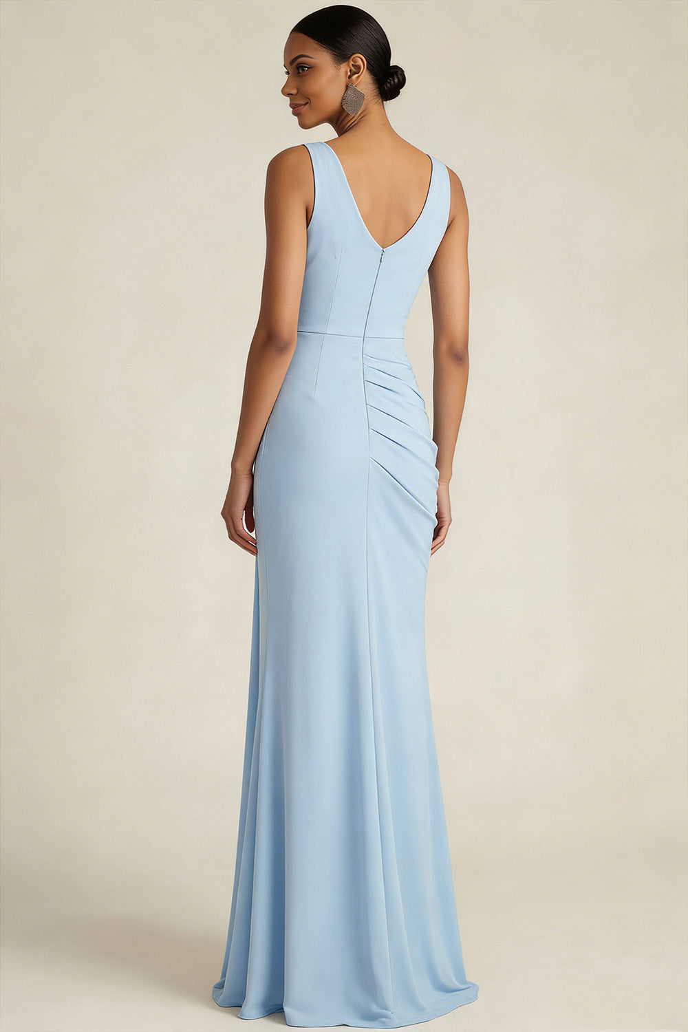 Sky Blue Formal Wedding Bridesmaid Dress Cowl Neck Chiffon Maxi Dress