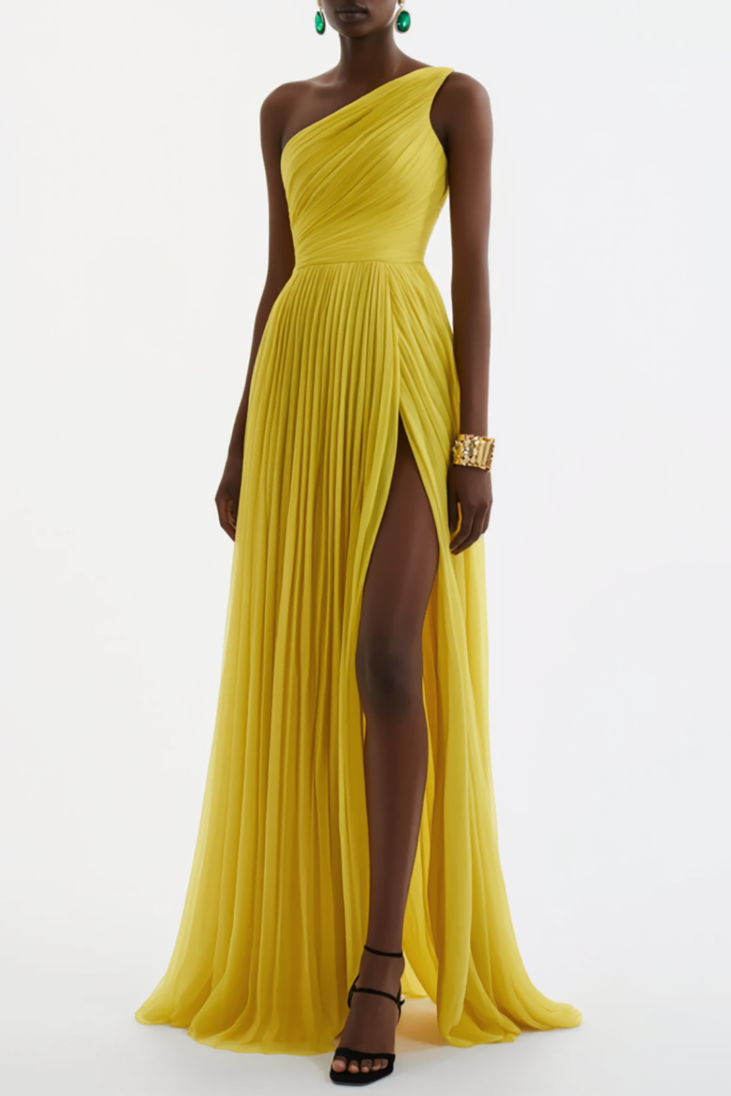 Evening Formal Dress Yellow One Shoulder Pleated Maxi Gown