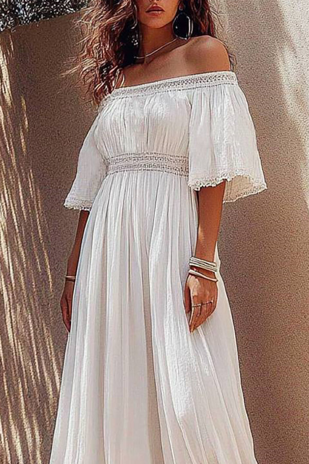 Vacation Casual Linen Dress White Off The Shoulder Embroidered Maxi Dress
