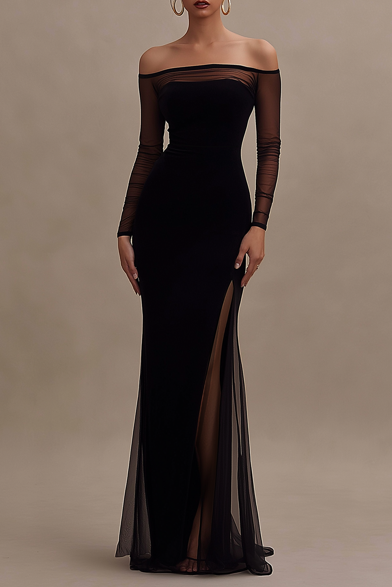 Formal Evening Dress Black Off Shoulder Mesh Maxi Dress