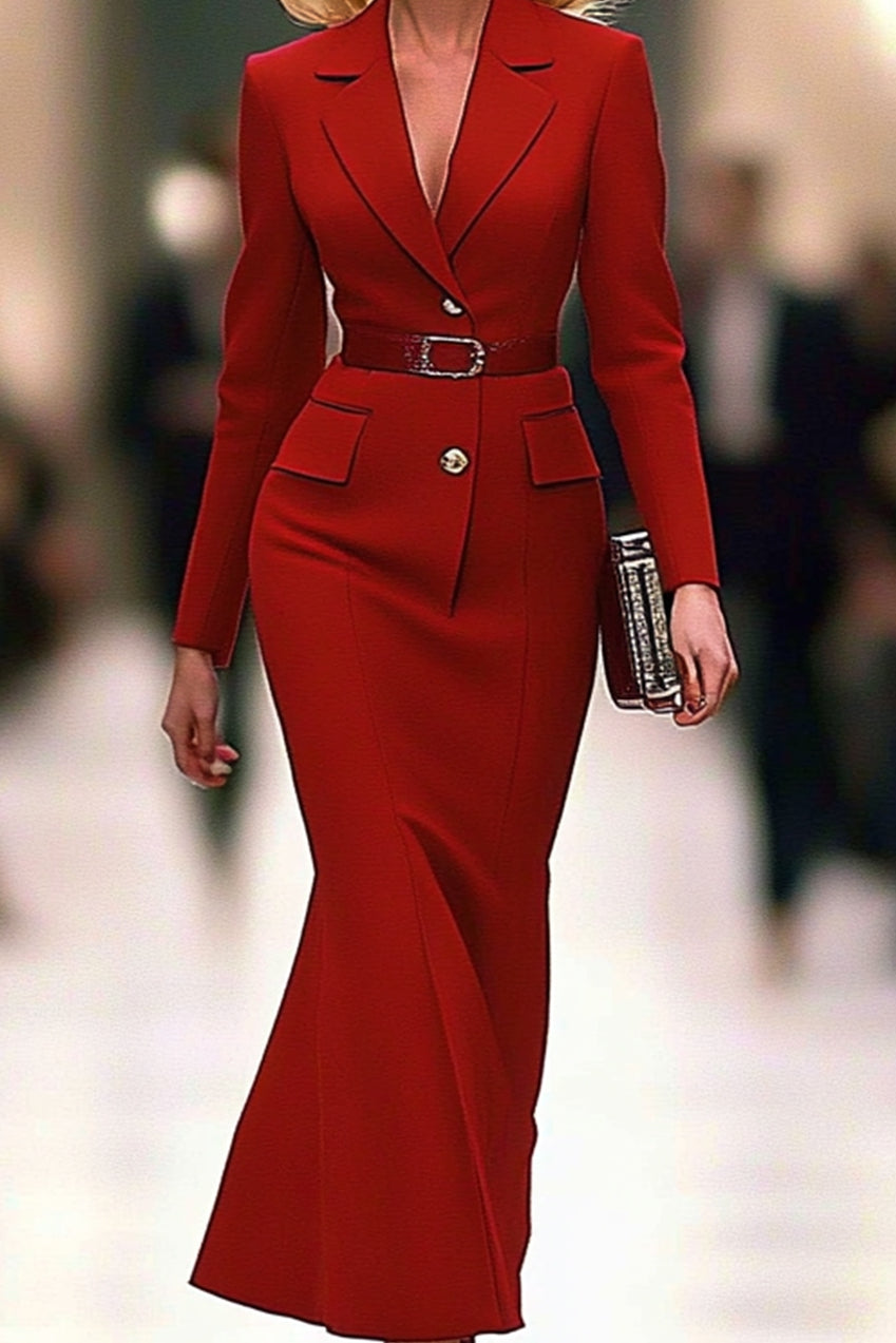 Work Business Blazer Dress Red V Neck Lapel Sheath Maxi Dress