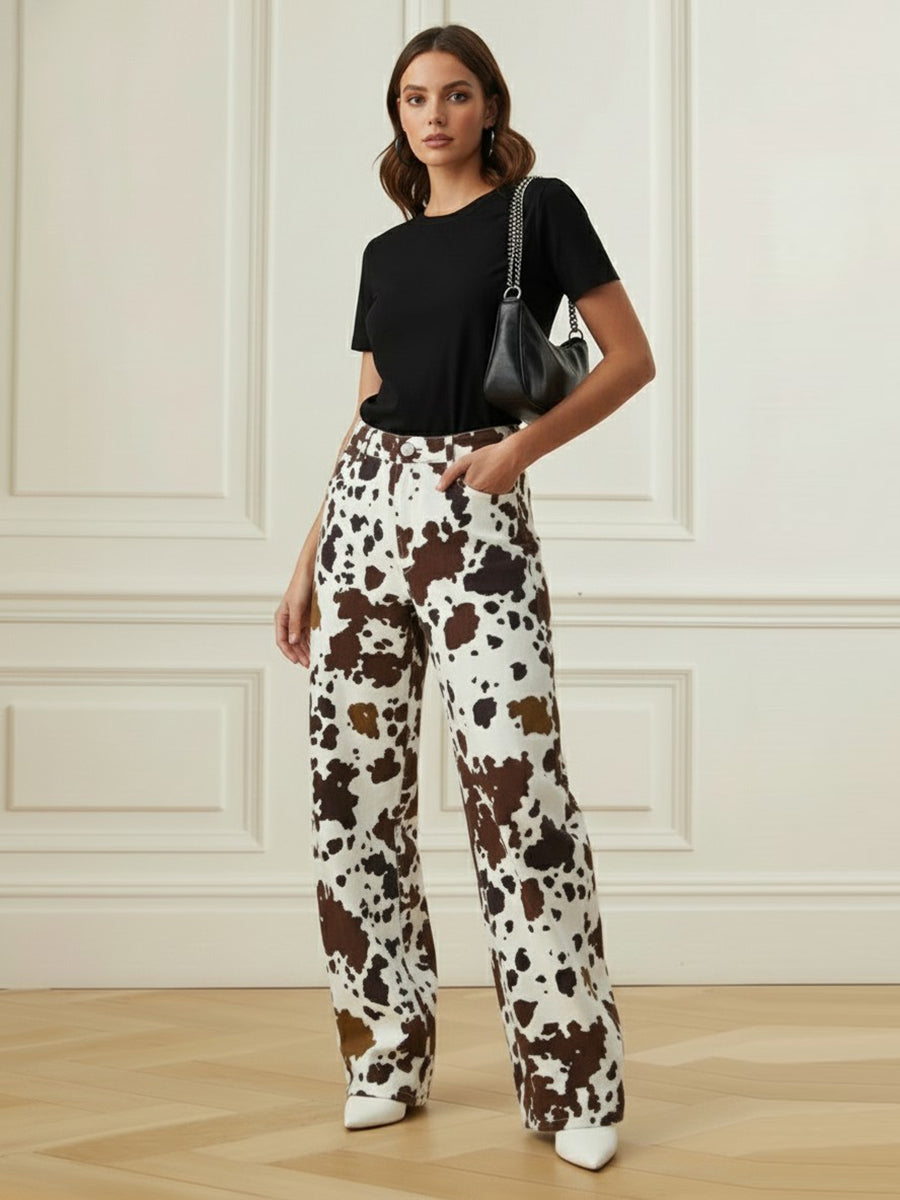 Elasticated Waist High Waisted Contrast Color Cow Printed Split-Joint Pants