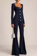 Work Outfit Sets Black Square Neck Long Sleeve Pants Set
