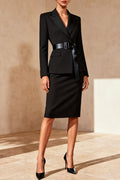 Work Skirt Suit Black Long Sleeve Blazer Skirt Set