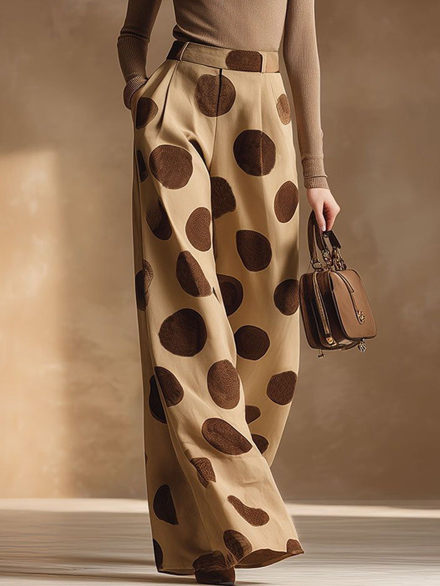 High Waisted Wide Leg Pleated Pockets Polka-Dot Pants Trousers