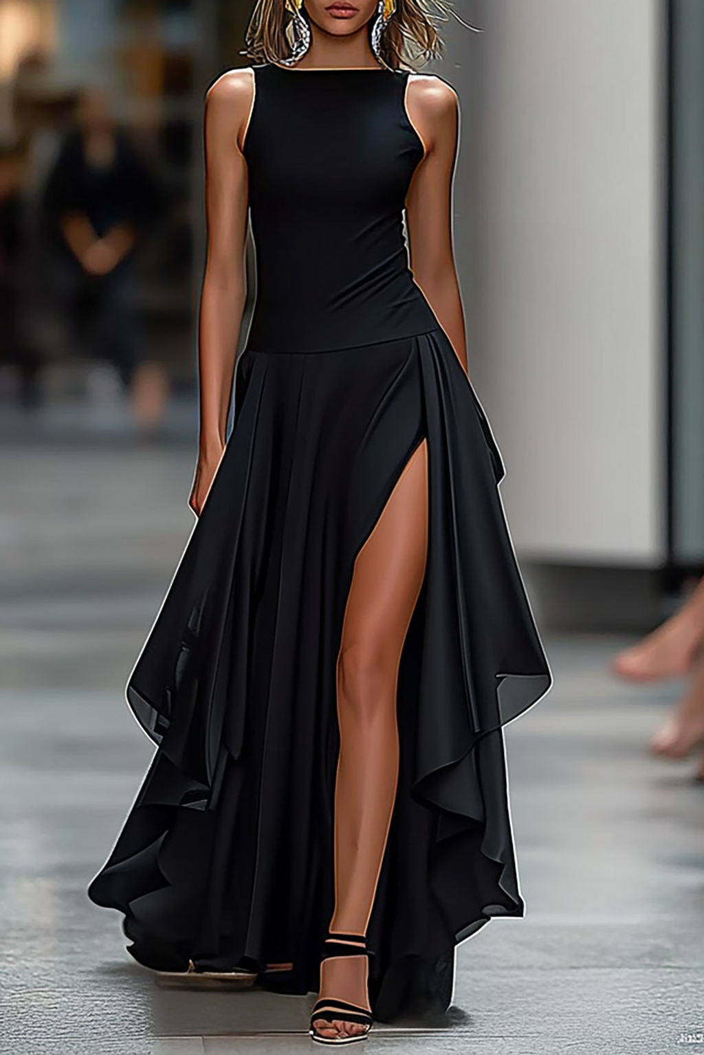 Elegant Black Sleeveless Dress High Slits Slim Fit Chic Midi Dress