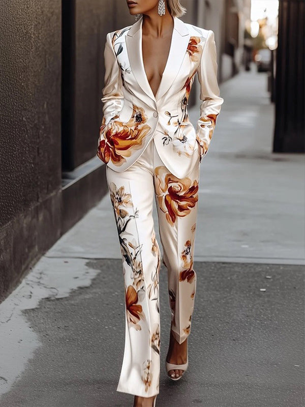 Long Sleeves Buttoned Flower Print Notched Collar Blazer Outerwear