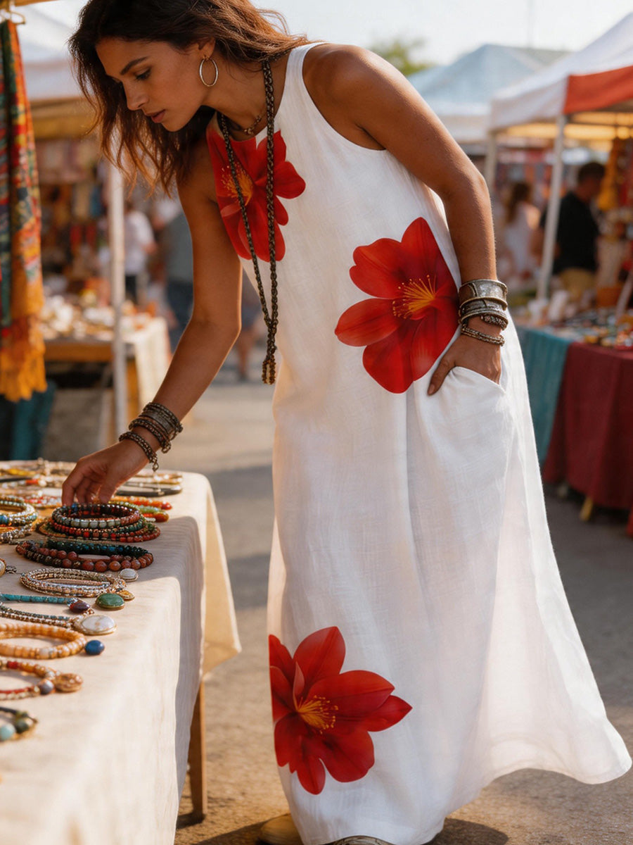 Loose Sleeveless Contrast Color Flower Print Pockets Round-Neck Maxi Dresses