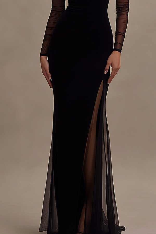 Formal Evening Dress Black Off Shoulder Mesh Maxi Dress