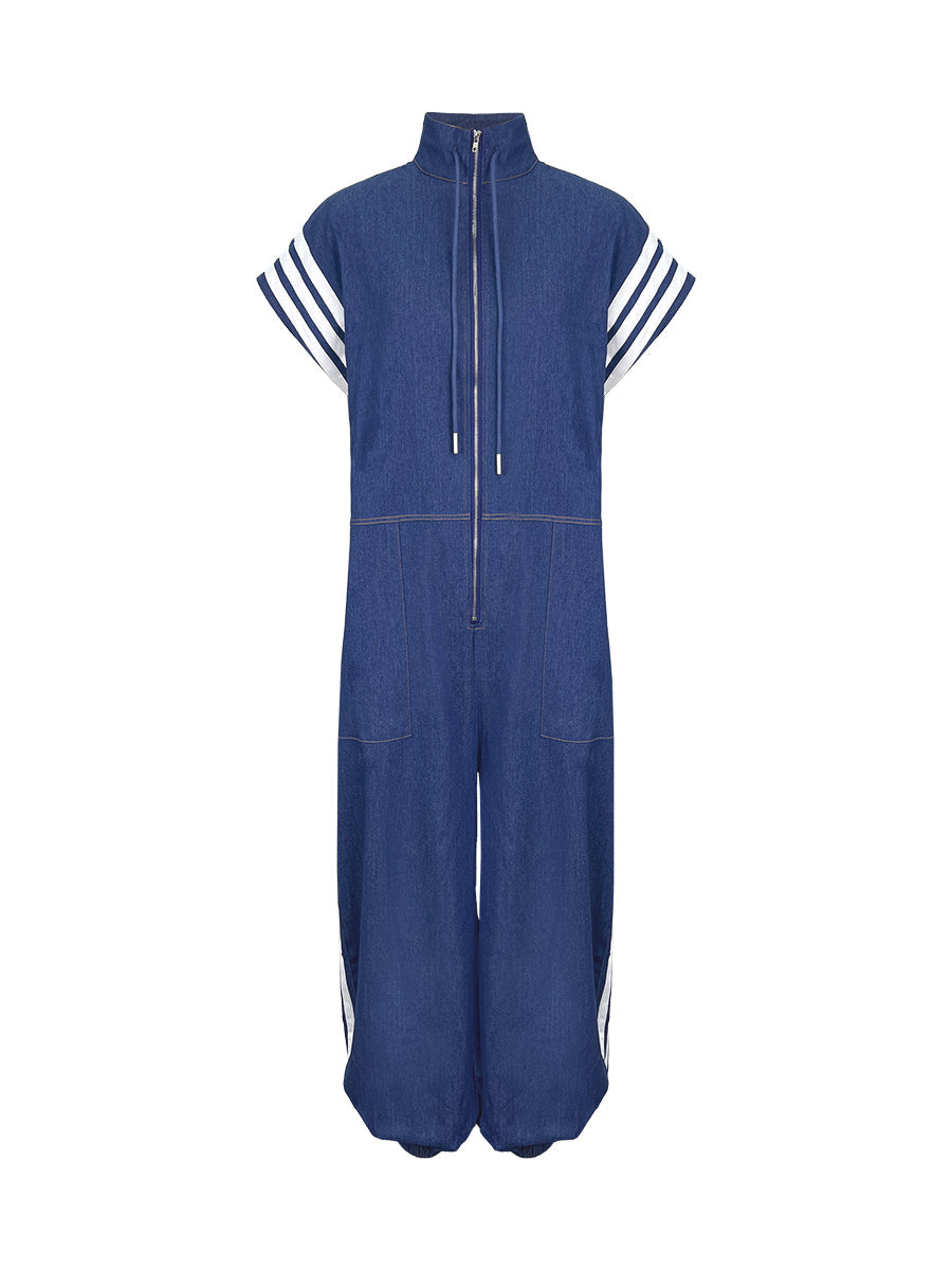 Ankle-Tied Loose Contrast Color Pockets Split-Joint Striped Zipper Stand Collar Jumpsuits