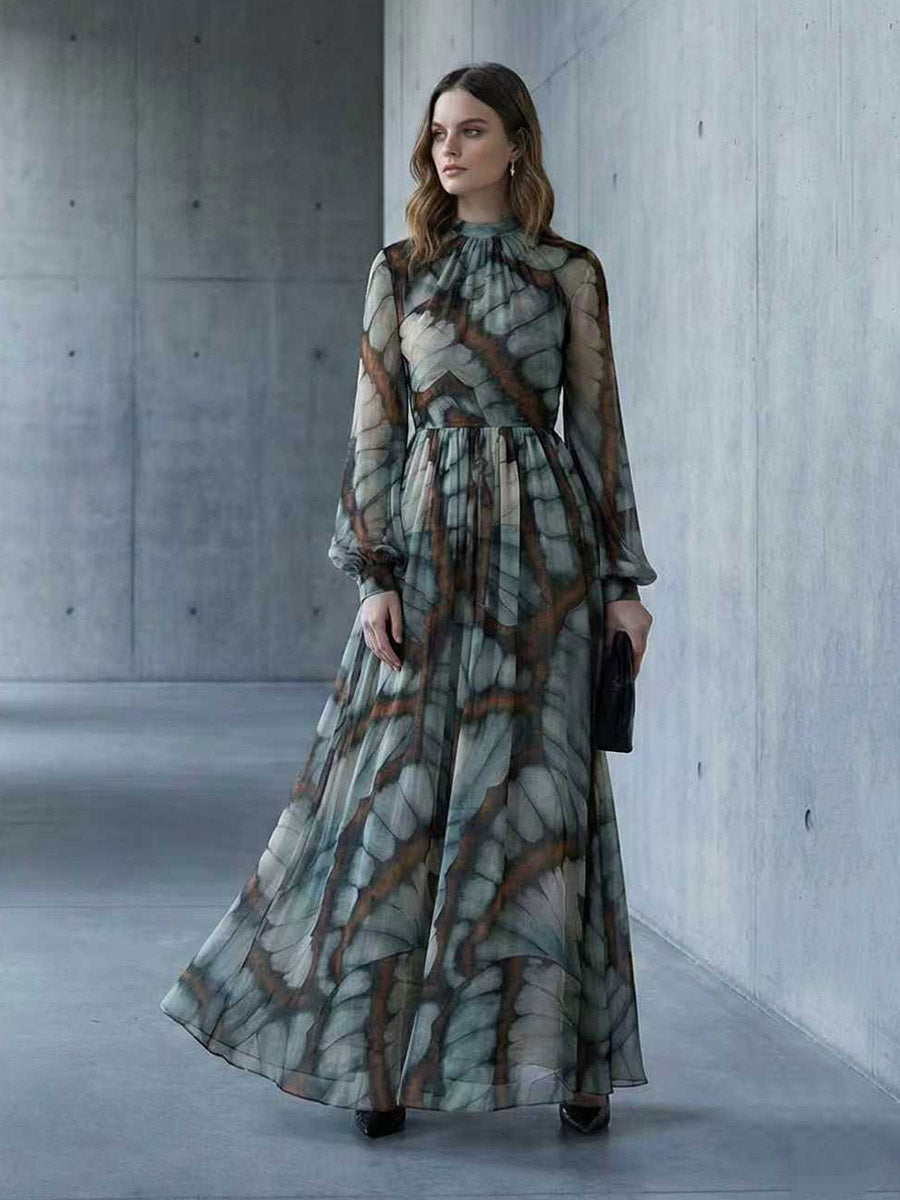 Balloon Sleeves Long Sleeves Big Hemline Contrast Color Pleated Print Zipper Stand Collar Maxi Dresses