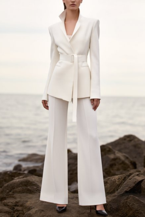 Business Formal Blazer Pant Suit White V Neck Long Sleeve Straight Pants