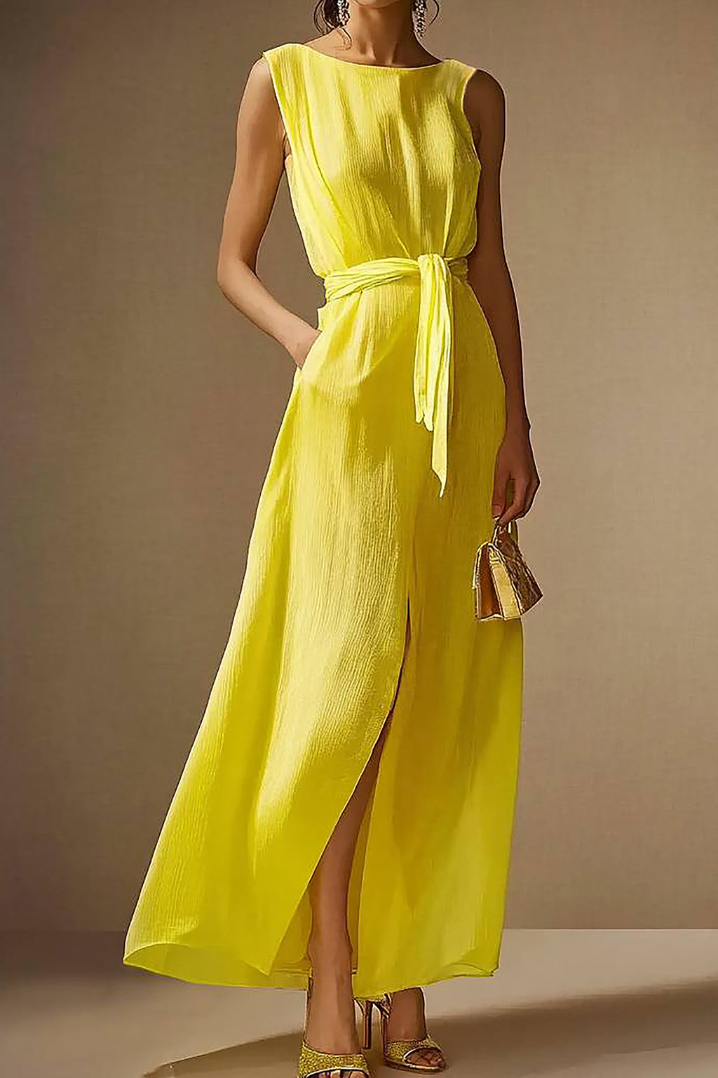 Daily Casual Dress Yellow Sleeveless Round Neck Slit with Pockets Maxi Dress