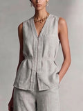 Sleeveless Pleated Solid Color Zipper V-Neck Blouses&Shirts Tops