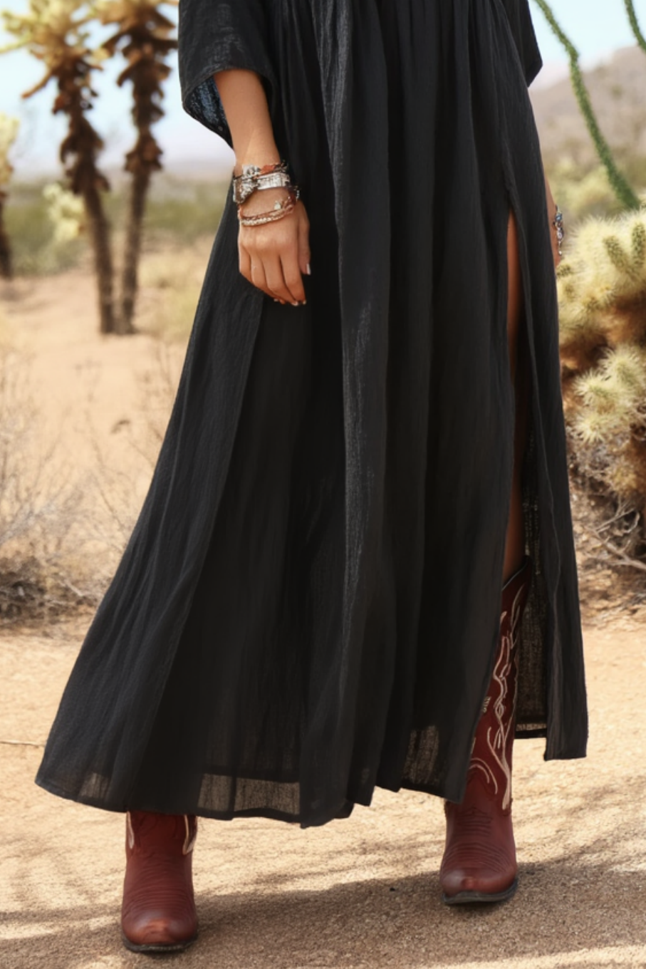 Bohemian Dress Black V Neck Slit Maxi Dress