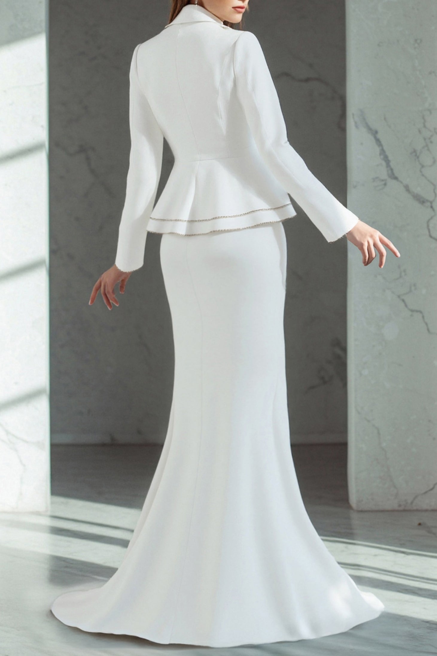 Business Skirt Set White Long Sleeve Slit Mermaid Dress