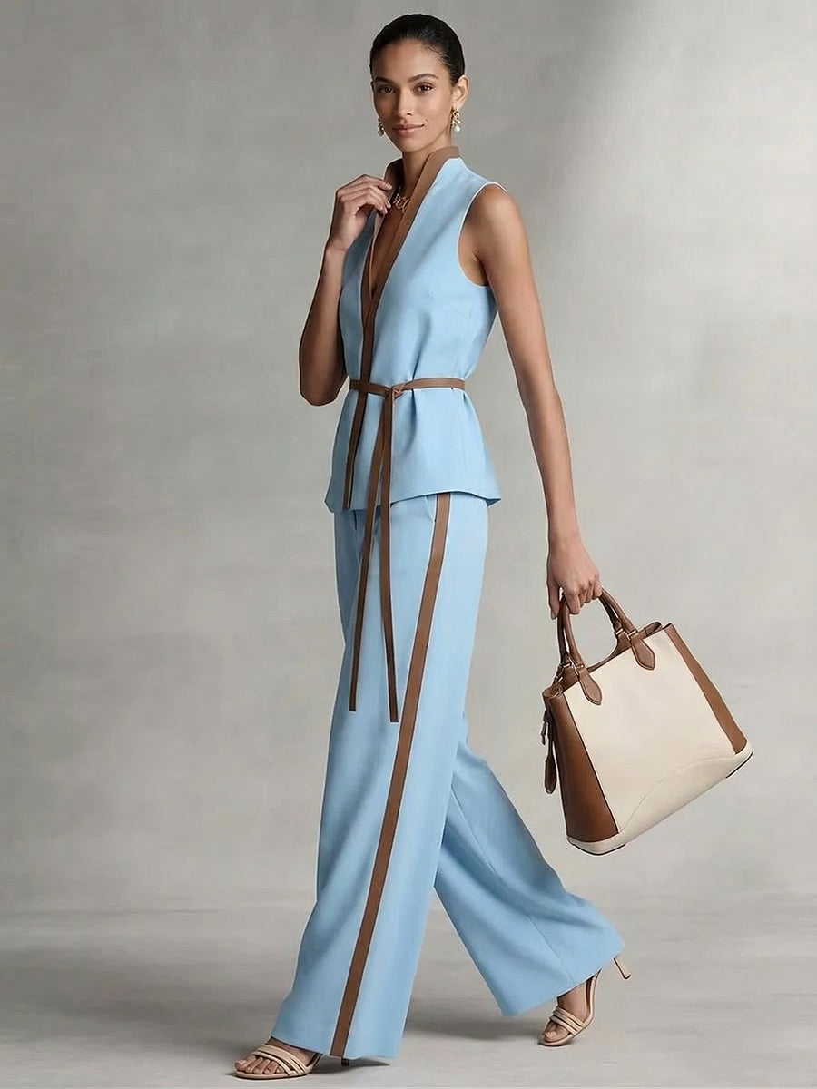 Loose Sleeveless Contrast Color Tied Waist V-neck Tank Top