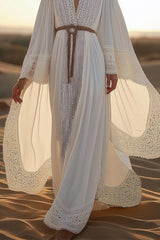 Bohemian Vacation Dress White Loose Sleeve Lace Belt Maxi Dress