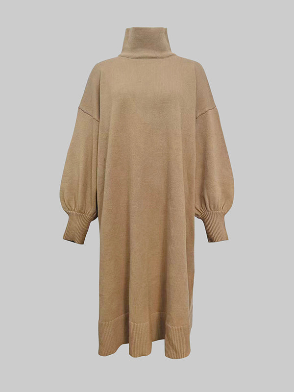 Long Sleeves Loose Solid Color High Neck Midi Dresses Sweater Dresses