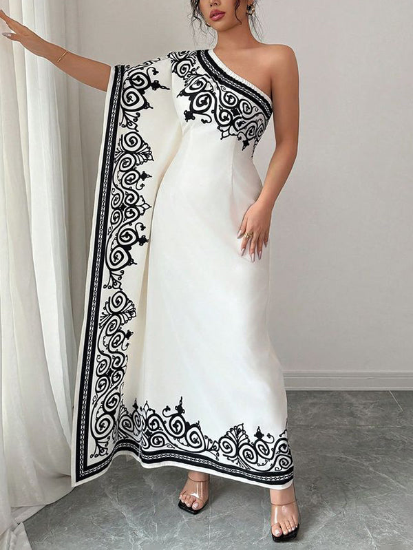 Batwing Sleeves Loose Asymmetric Elasticity Flower Print Pleated One-Shoulder Maxi Dresses