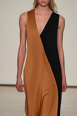 Vacation Daily Minimalist Dress Color-Block V-Neck Long Dress