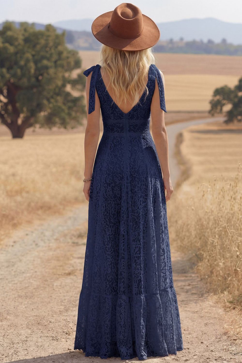 White Boho Dress A-Line V-Neck Lace Maxi Dress with Slit