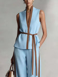 Loose Sleeveless Contrast Color Tied Waist V-neck Tank Top
