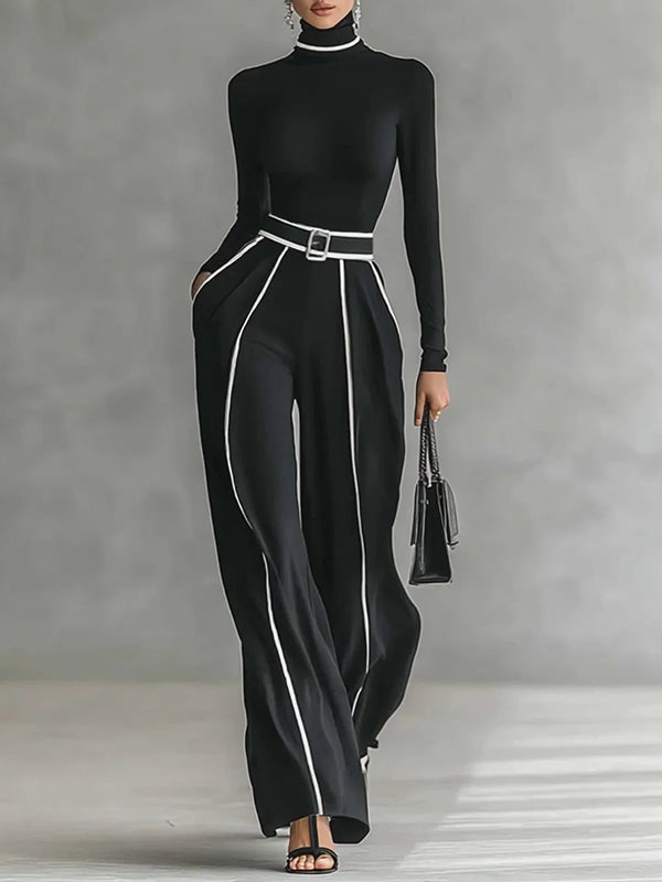 High Waisted Loose Belted Contrast Color Pockets Pants Trousers