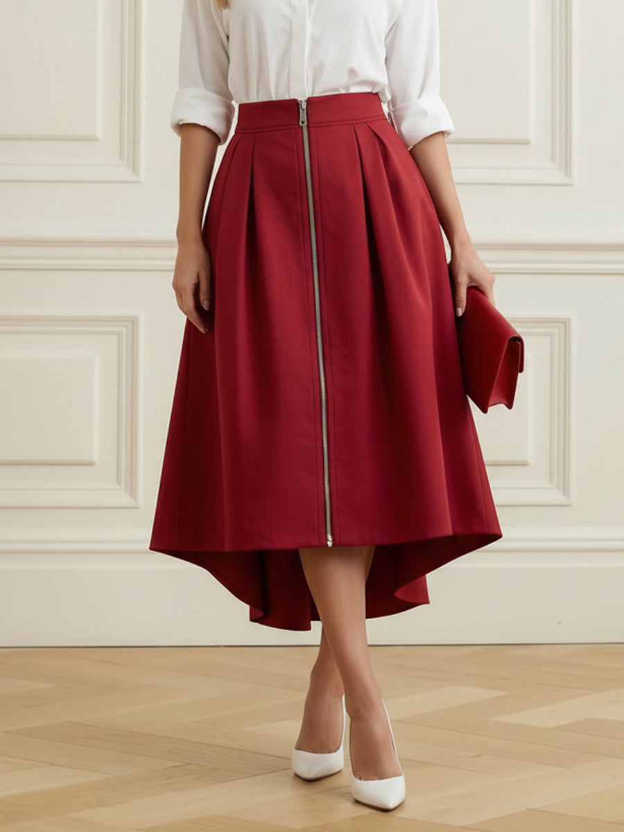 A-Line High-Low Pleated Pockets Solid Color Zipper Skirts Bottoms
