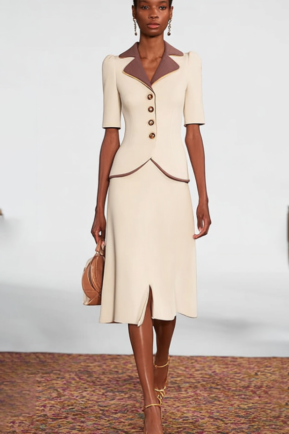 Work Beige Skirt Suits Purple Lapel Midi Sets
