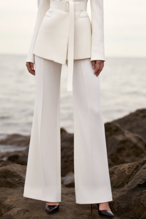 Business Formal Blazer Pant Suit White V Neck Long Sleeve Straight Pants