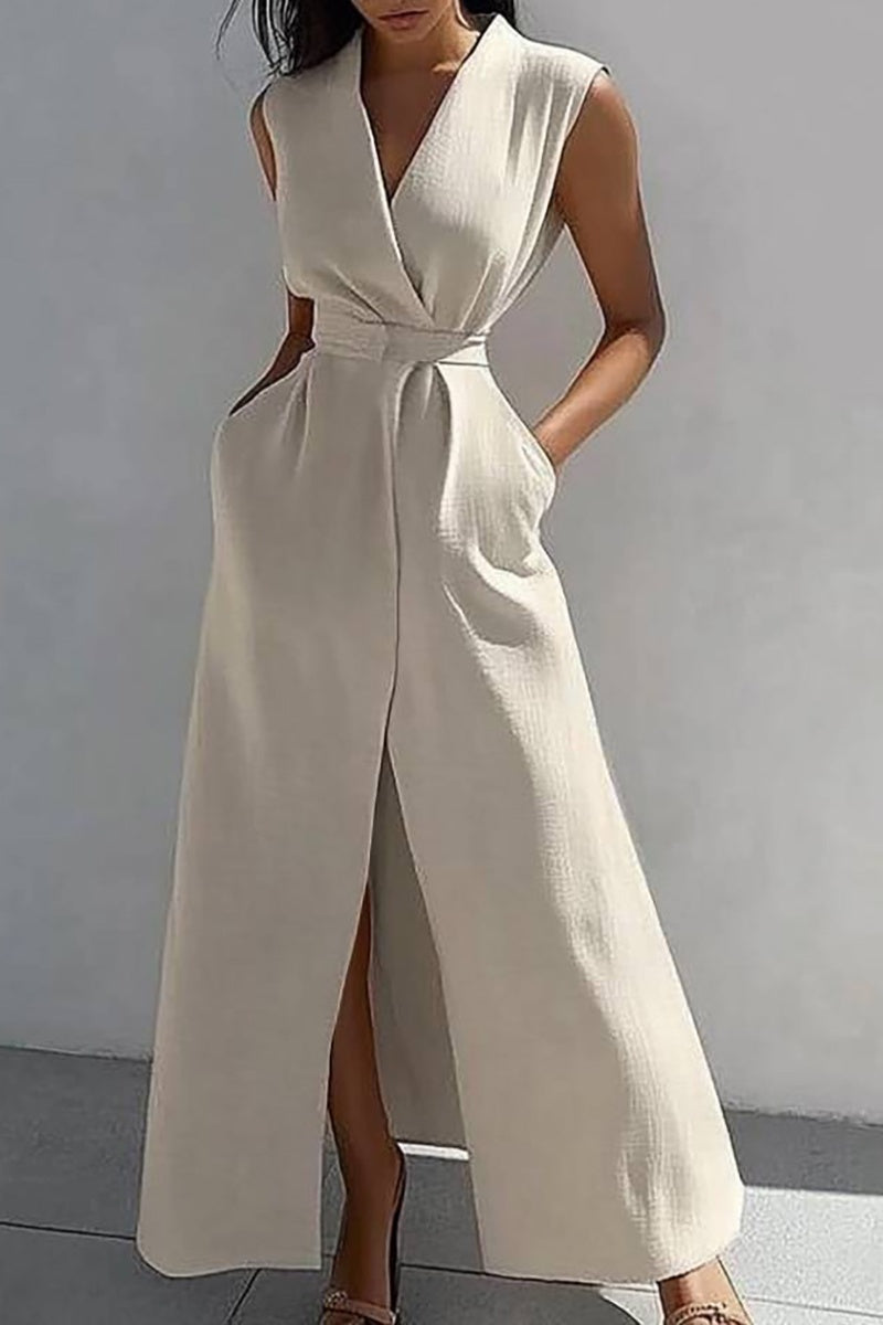 Casual Linen Dress Ivory Cross Neck Sleeveless Pocket Slit Maxi Dress