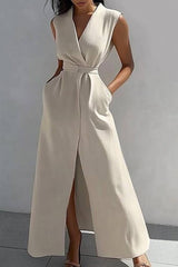 Casual Linen Dress Ivory Cross Neck Sleeveless Pocket Slit Maxi Dress