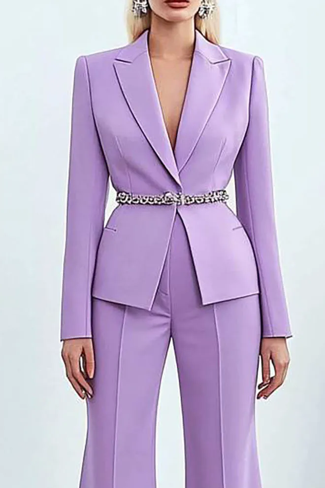 Work Formal Pants Suit Purple Long Sleeve Belt Wide-Leg Blazer Set