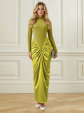 Bodycon Irregularity Pleated Split-Back Split-Joint Half Turtleneck Maxi Dresses