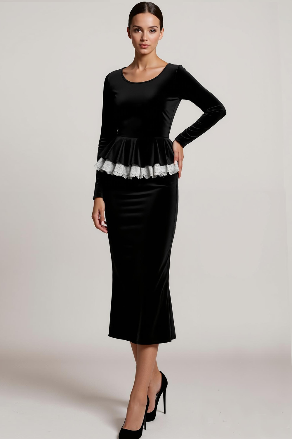 Work Outfit Sets Dress Black Crew Neck Midi Skirt Set
