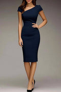 Work Semi-Formal Dress Navy Asymmetrical Neck Fitted Knee-Length Dress