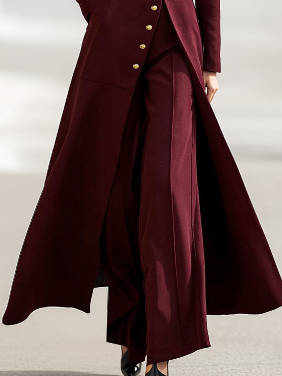 High Waisted Long Sleeves Buttoned Solid Color Split-Front Round-Neck Midi Dresses