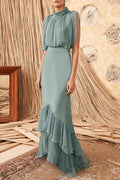 Formal Dress Blue Stand Collar Ruffle Maxi Dress