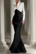 Formal Evening Dress Black White Shirt Collar Maxi Dress