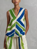 Loose Sleeveless Contrast Color Striped V-Neck Tank