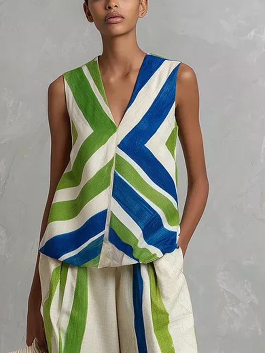 Loose Sleeveless Contrast Color Striped V-Neck Tank