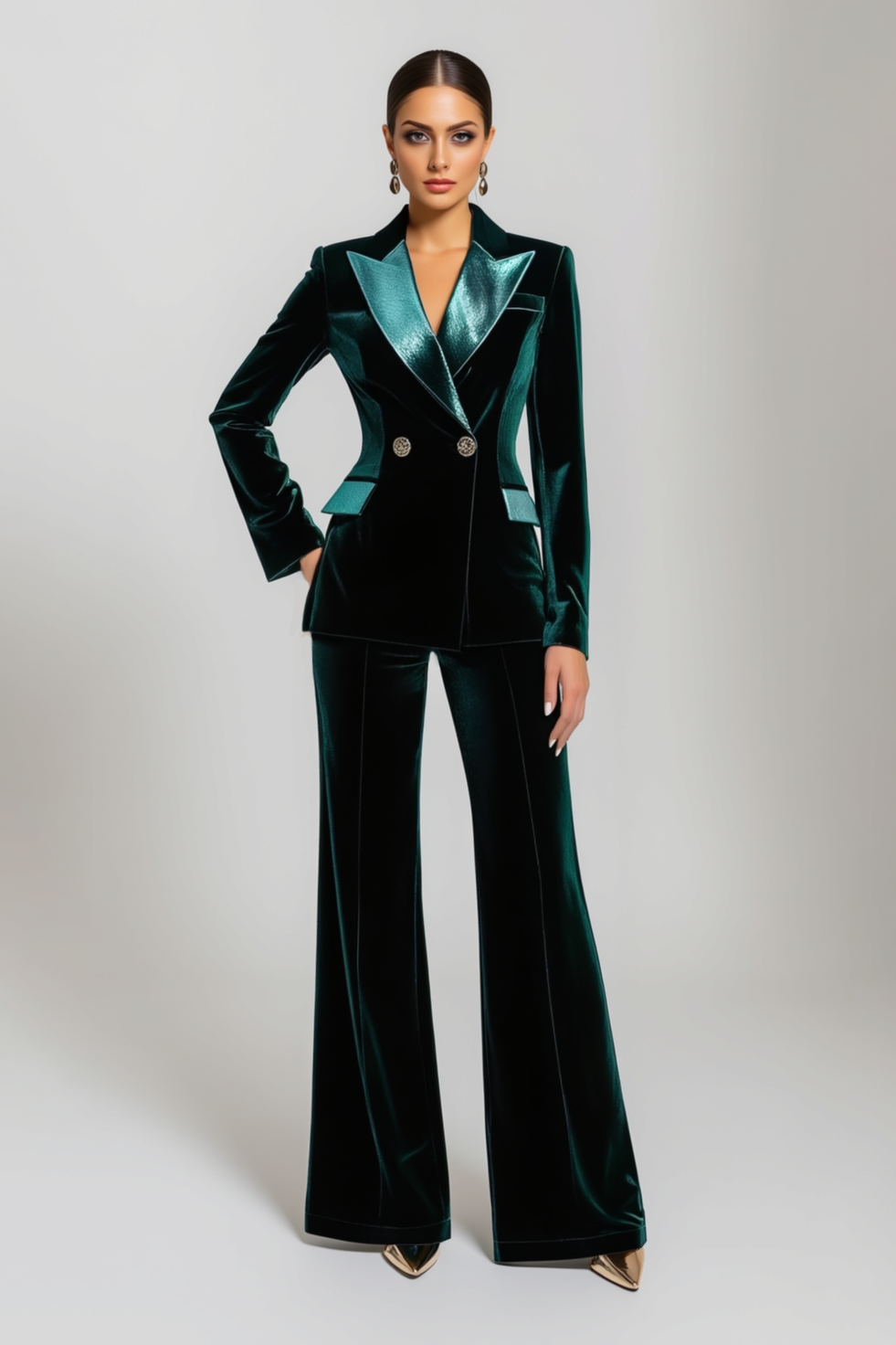 Business Suit Sets Green Lapel Velvet Pants Set
