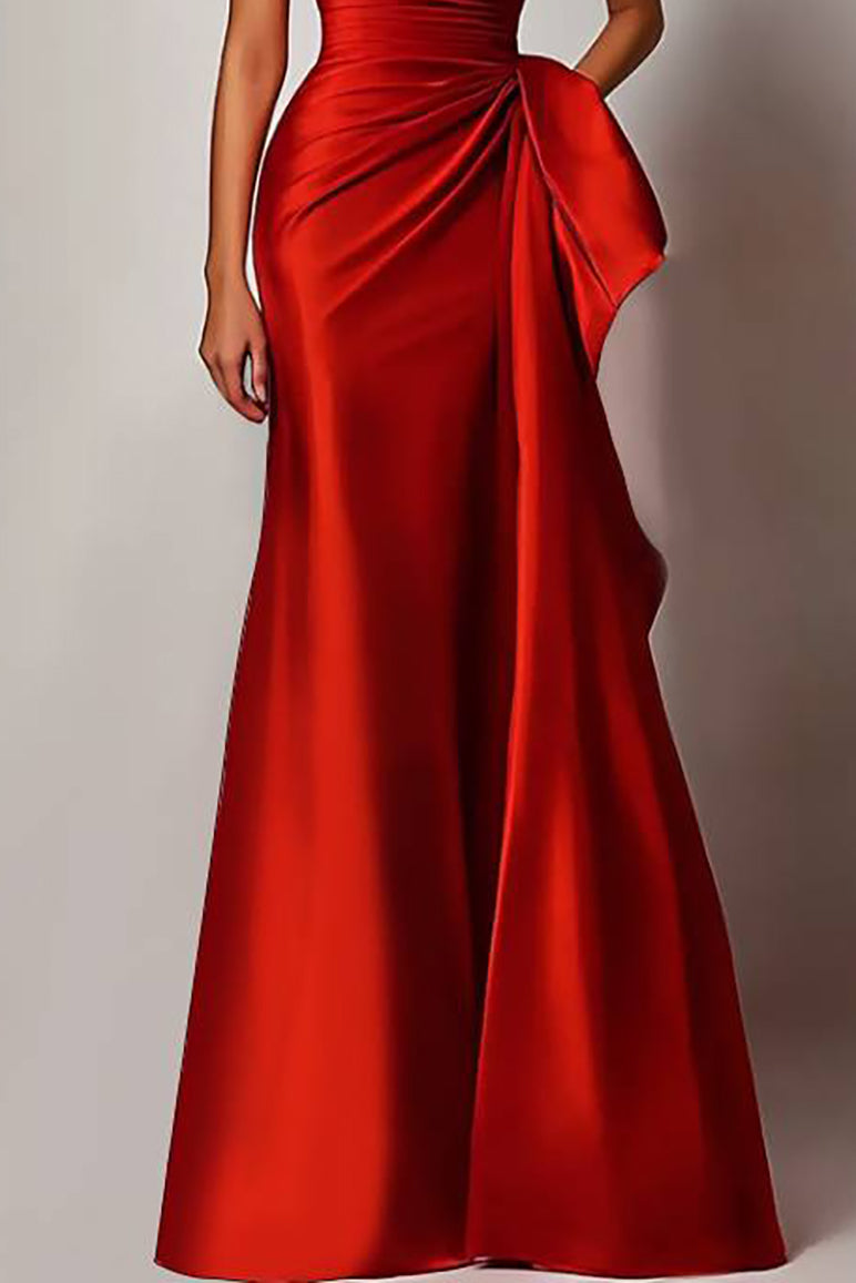 Evening Formal Dress Red Strapless Satin Maxi Gown