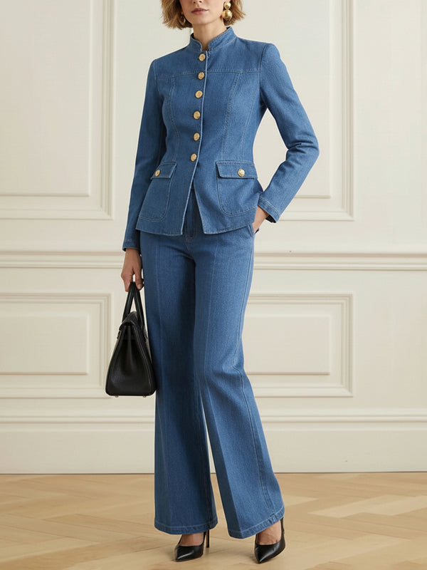 Long Sleeves Buttoned Pockets Solid Color Stand Collar Outerwear
