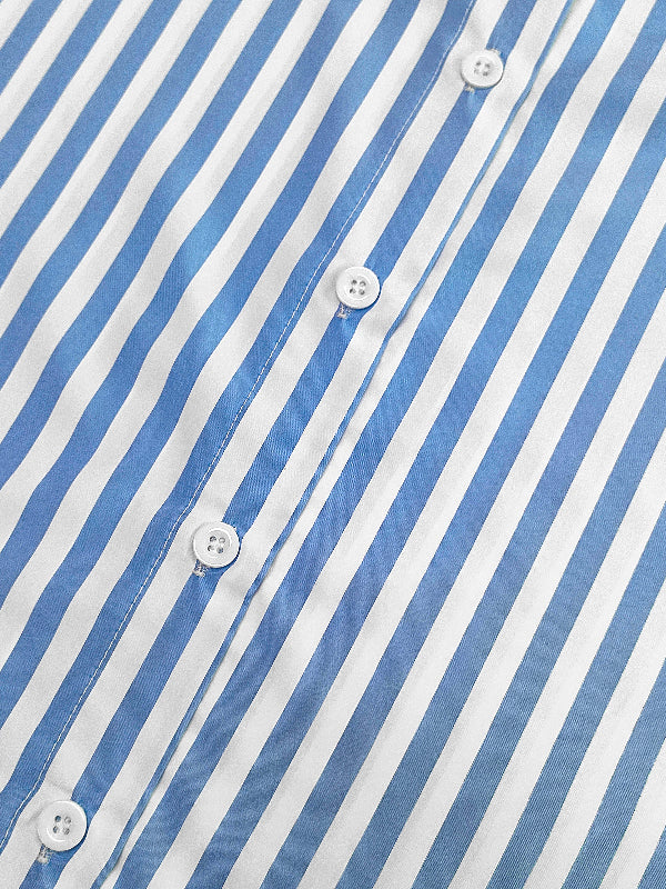 Balloon Sleeves Long Sleeves Buttoned Striped Bow Collar Blouses